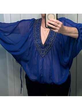 Royal blue blouse embellished with beads and rhinestones along deep V-neck Sz L